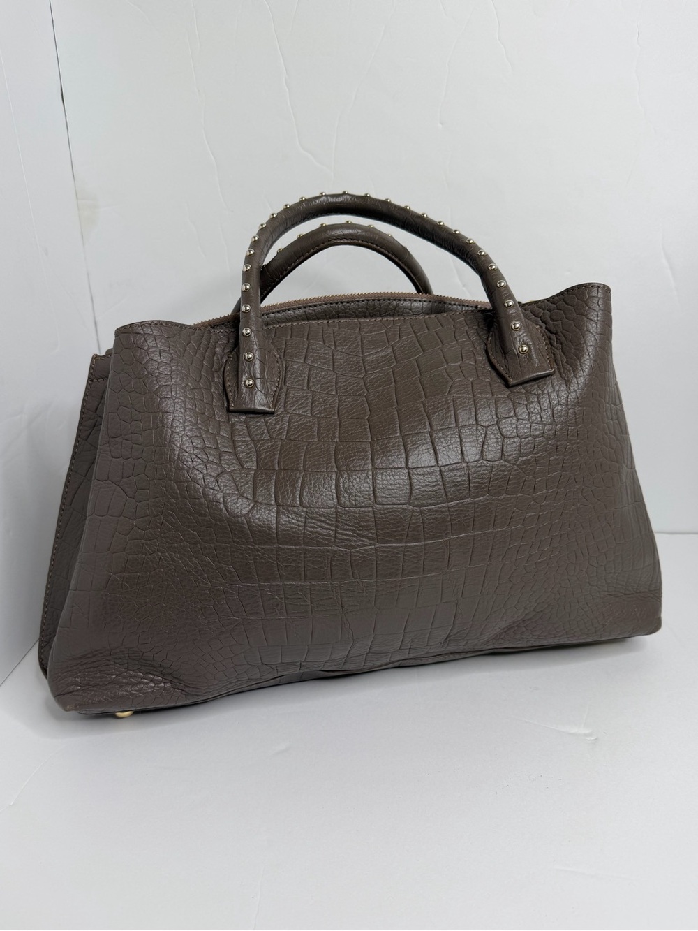 Iacucci Top Handle Leather Handbag Purse Gray Brown Studs Croc-Embossed Luxury